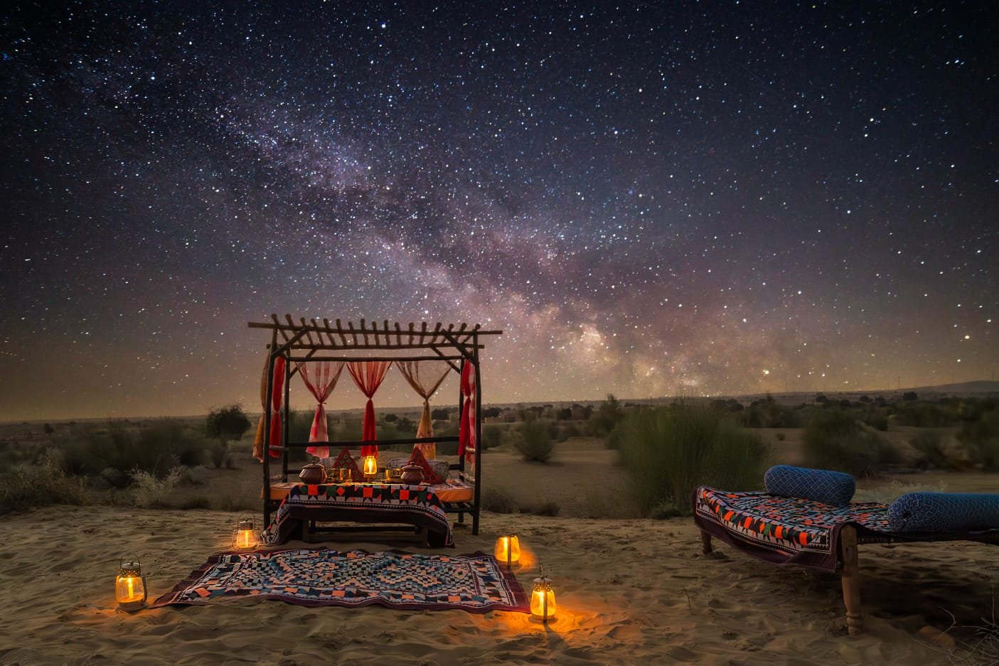 Swiss tents at evening in Sam Sand Dunes